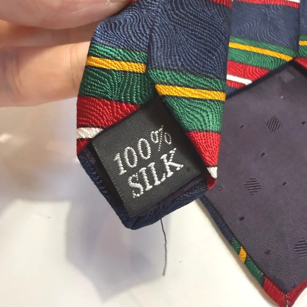 Evan-Picone Mens Silk Tie Navy Green Red Gold Horizontal Stripe Textured Weave